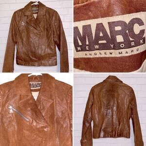 Andrew Marc NY $450 Leather Cocoa Brown Biker Jacket Womens Small EUC